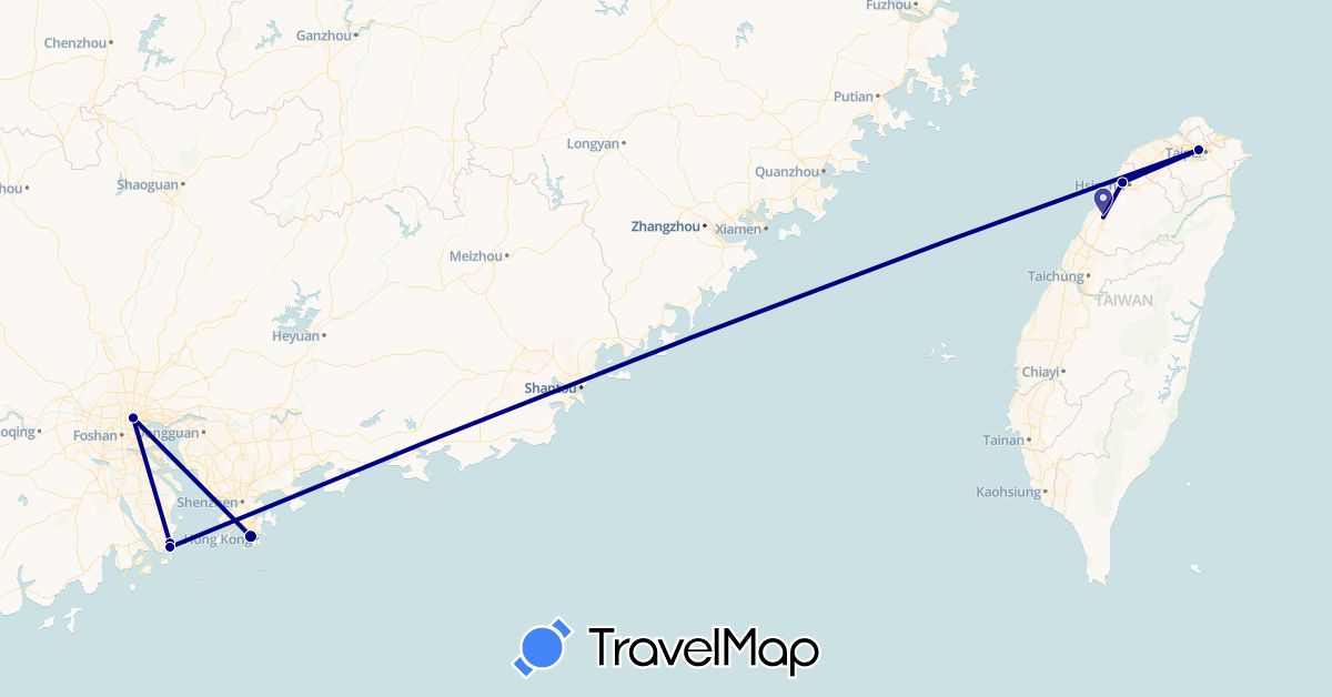 TravelMap itinerary: driving in China, Hong Kong, Macau, Taiwan (Asia)